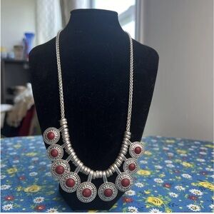 LUCKY BRAND Necklace 9 Silvertone Red Rhinestone Fringe Pendant Boho Gypsy Hipie